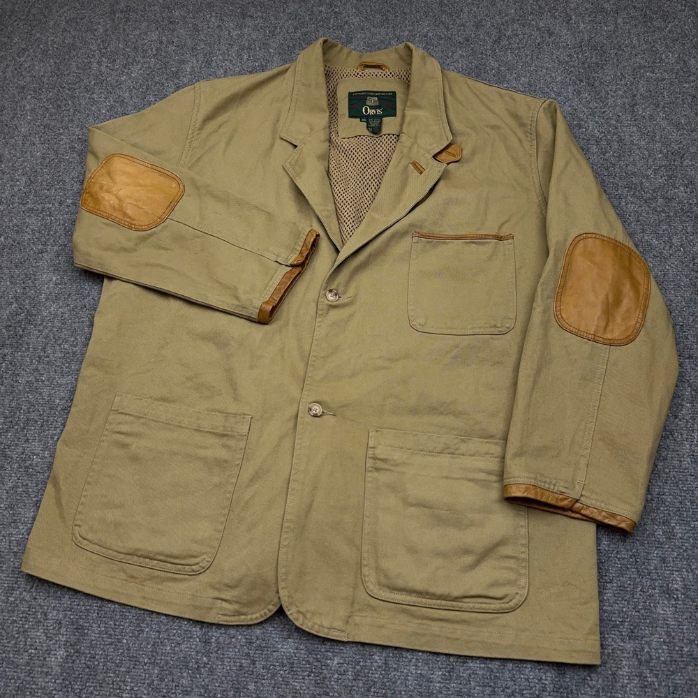 VTG Orvis Zambezi Twill Jacket Mens XL Khaki Leather Elbow Patch Sporting Blazer
